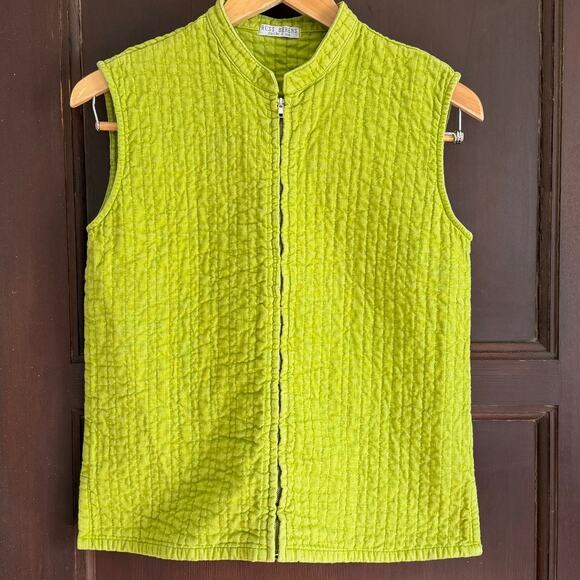 RUSS BERENS | Pea Green Quilted Linen Blend Zip Up Vest Boho Kantha Extra Small - Picture 1 of 6